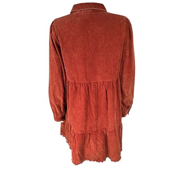 Umgee Babydoll Mini Dress Womens Size Large Corduroy Mineral Washed Pockets Rust - Picture 12 of 15